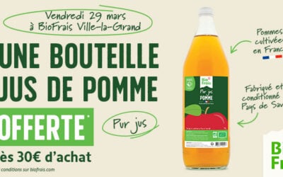 Une bouteille de jus de pomme offert au BioFrais de Ville-la-Grand !